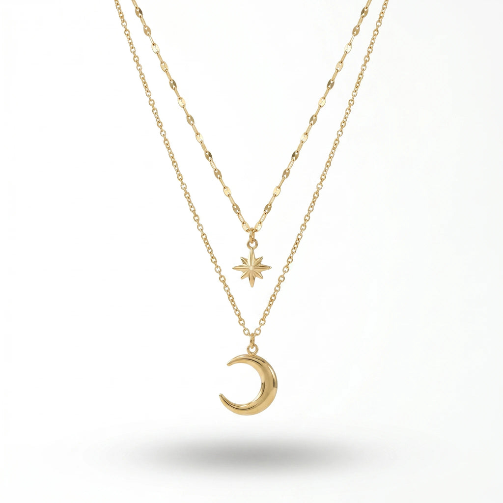 QIAOREN 11408 Tarnish Resistant Waterproof 18K Gold Plated Stainless Steel 2 Tier Star Moon Pendant Necklace