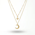 QIAOREN 11408 Tarnish Resistant Waterproof 18K Gold Plated Stainless Steel 2 Tier Star Moon Pendant Necklace