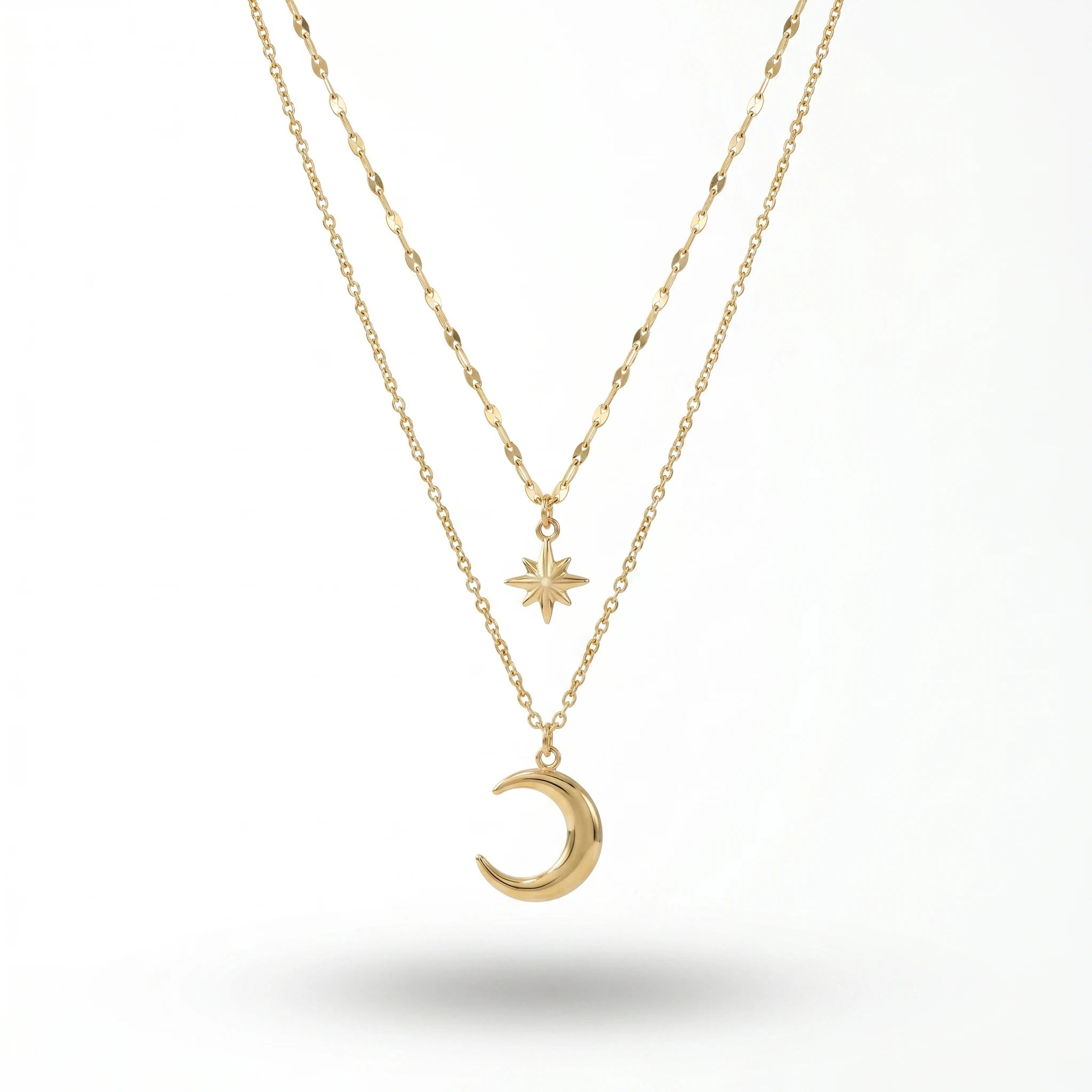 QIAOREN 11408 Tarnish Resistant Waterproof 18K Gold Plated Stainless Steel 2 Tier Star Moon Pendant Necklace