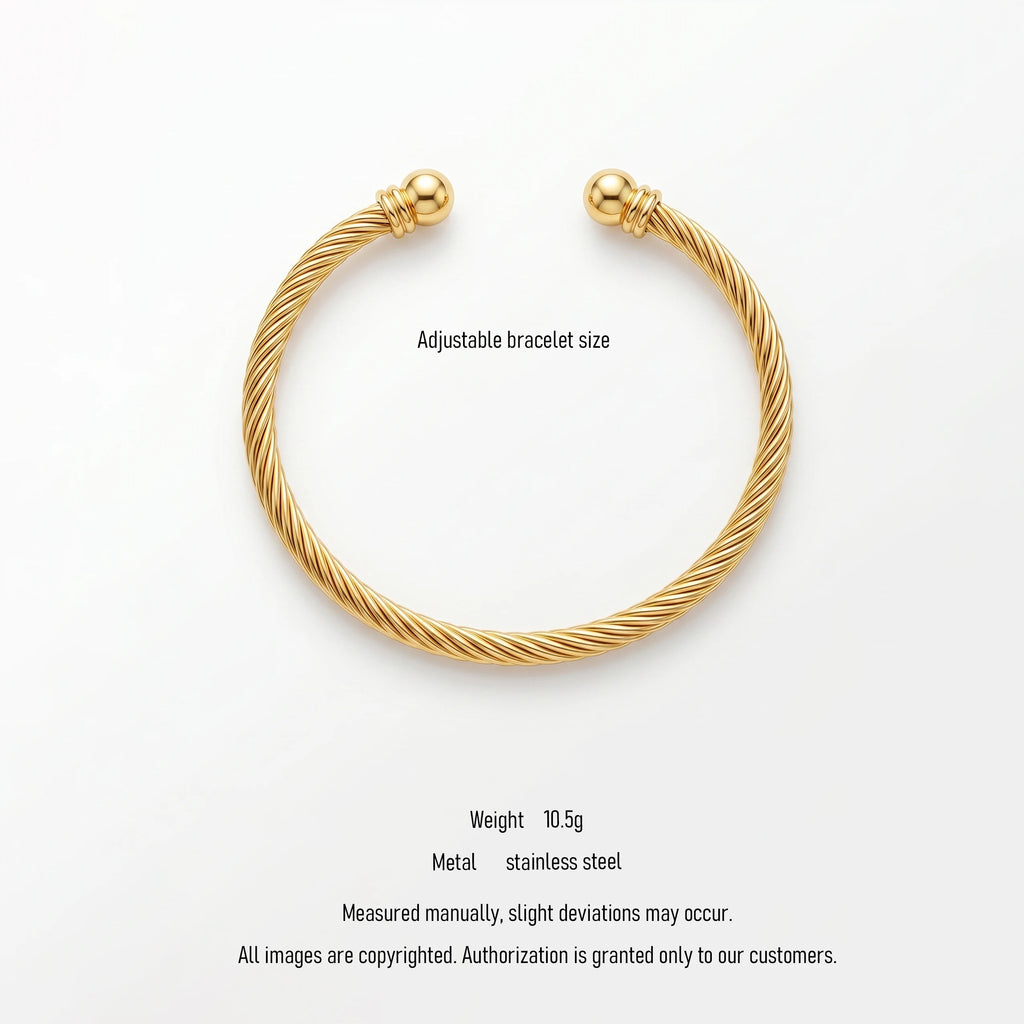 QIAOREN 10723 Trendy Rope Twist Pattern Chain & Link Bracelet 18K Gold Plated Stainless Steel Adjustable Unisex Everyday Staple