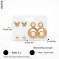QIAOREN 14482 3 Pair Gold Stainless Steel Earrings Set, Leopard Textured Double Circle Pearl, Butterfly & Ball Stud Earrings
