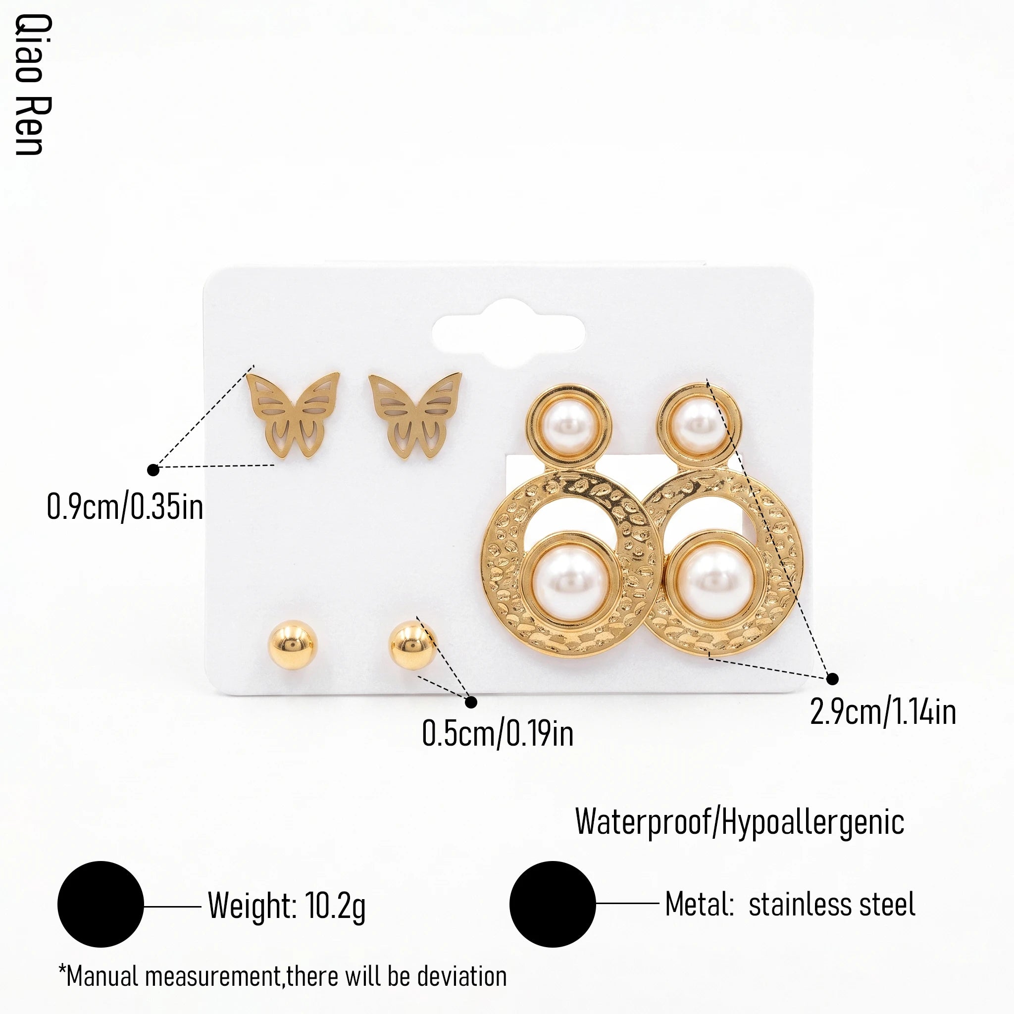 QIAOREN 14482 3 Pair Gold Stainless Steel Earrings Set, Leopard Textured Double Circle Pearl, Butterfly & Ball Stud Earrings