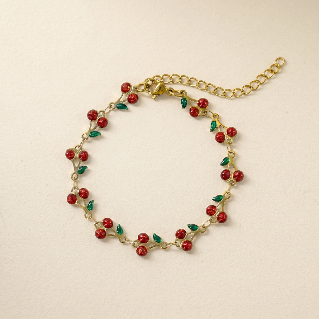 QIAOREN 12224-33 Waterproof Stainless Steel Gold Cherry Bracelet Pink Rhinestone Leaf Charm Bracelet for Women