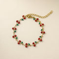 QIAOREN 12224-33 Waterproof Stainless Steel Gold Cherry Bracelet Pink Rhinestone Leaf Charm Bracelet for Women