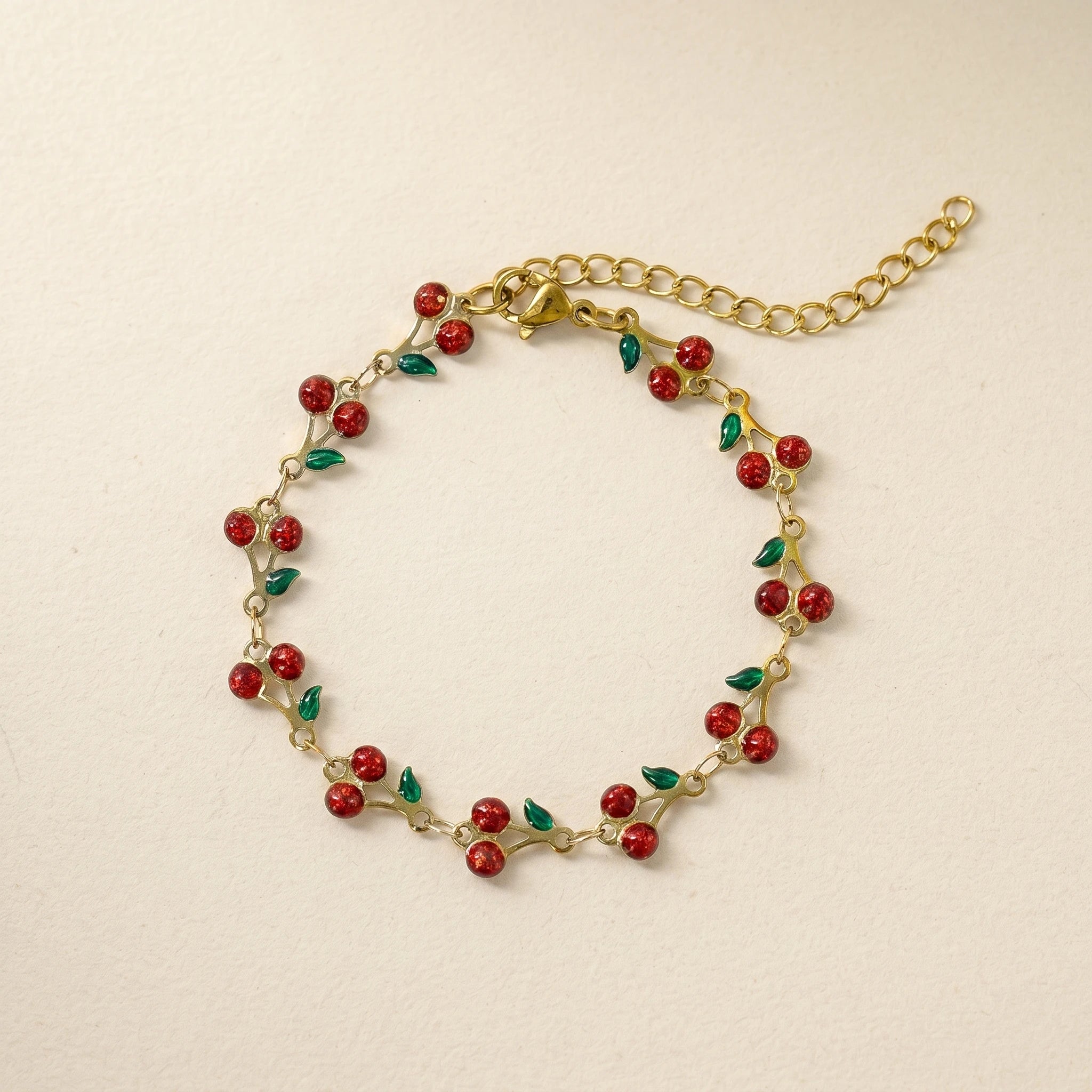 QIAOREN 12224-33 Waterproof Stainless Steel Gold Cherry Bracelet Pink Rhinestone Leaf Charm Bracelet for Women