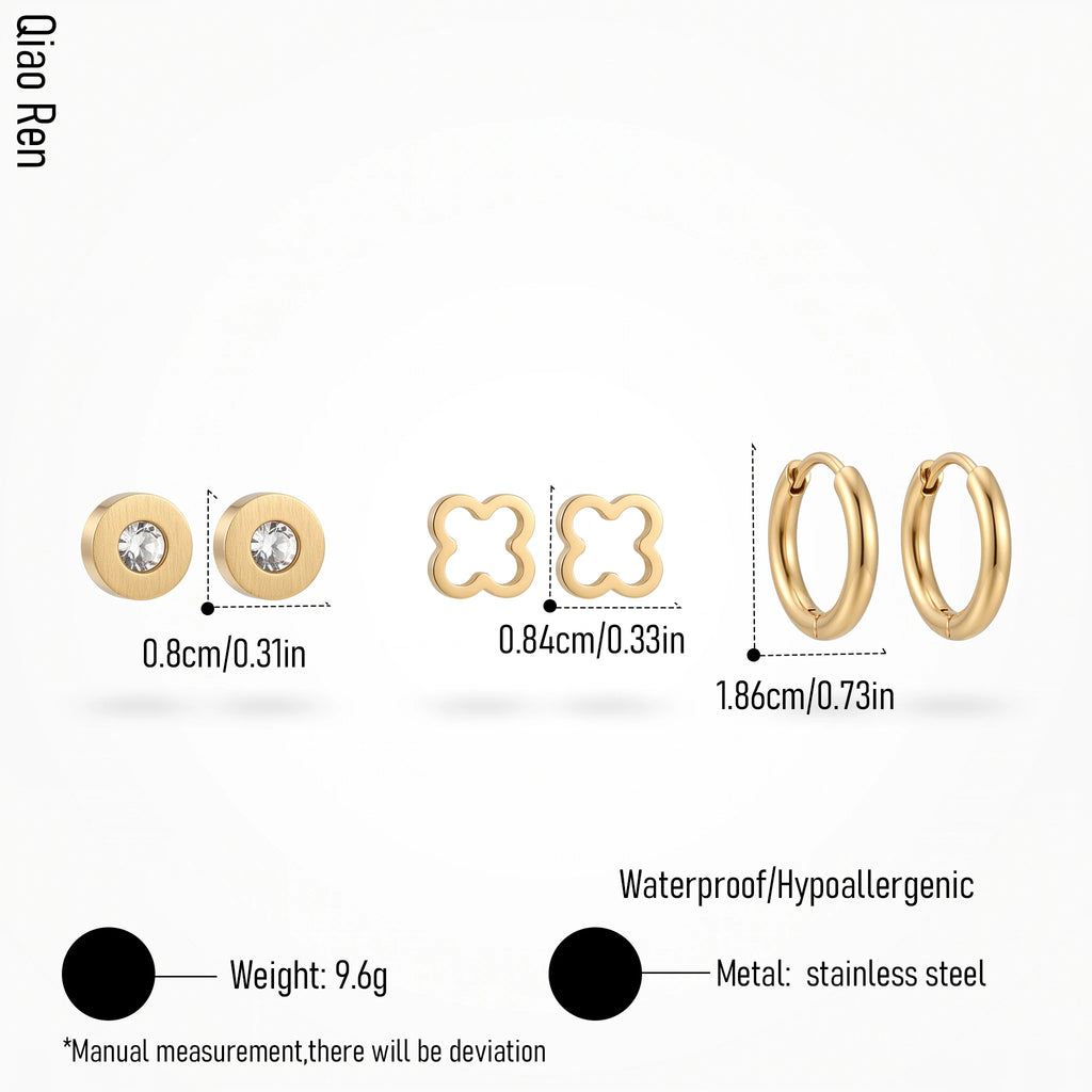 QIAOREN 14452 3 Pair Gold Stainless Steel Stud & Hoop Earrings, CZ, Quartz Clover, Gold Hoops for Daily Fashion