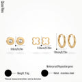 QIAOREN 14452 3 Pair Gold Stainless Steel Stud & Hoop Earrings, CZ, Quartz Clover, Gold Hoops for Daily Fashion
