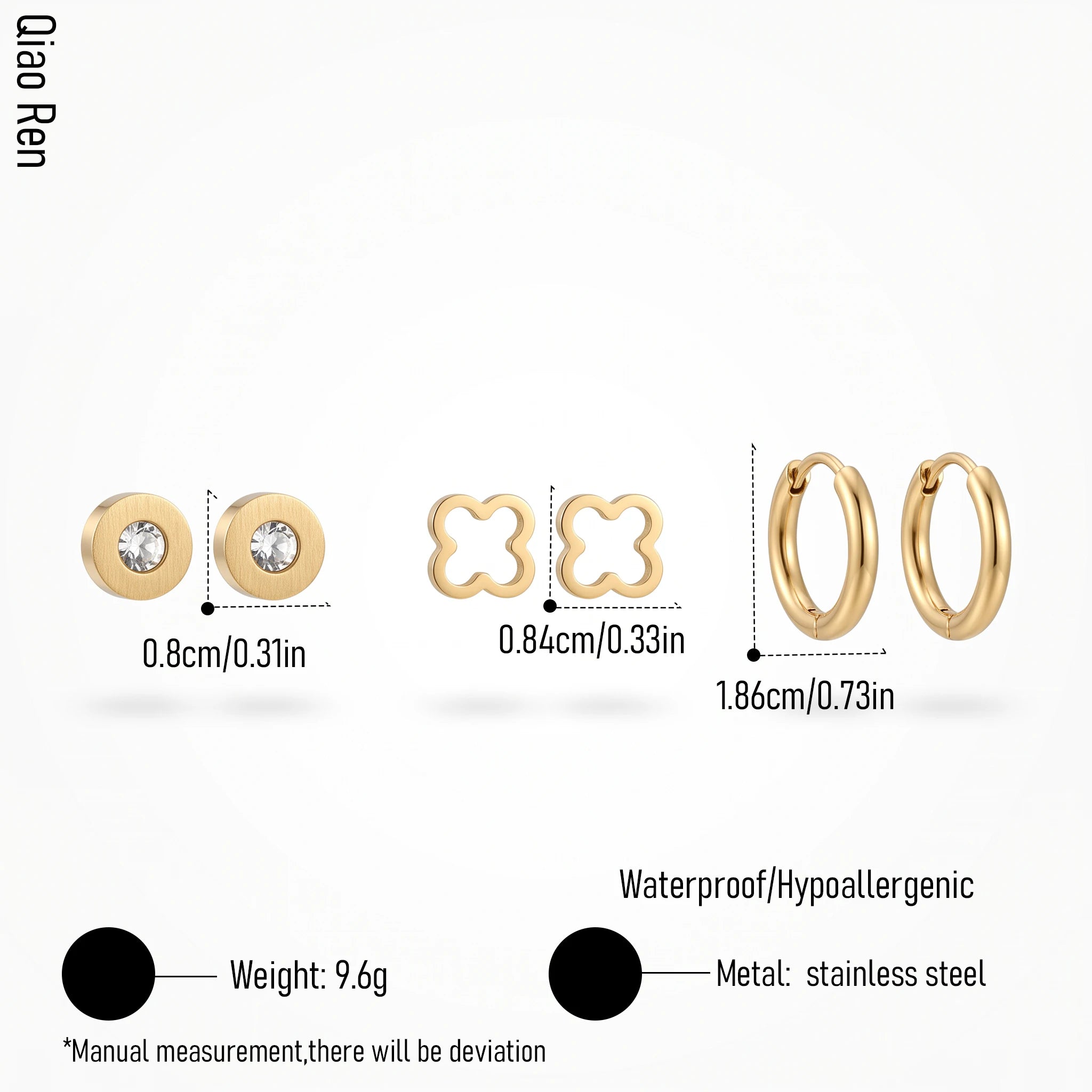QIAOREN 14452 3 Pair Gold Stainless Steel Stud & Hoop Earrings, CZ, Quartz Clover, Gold Hoops for Daily Fashion