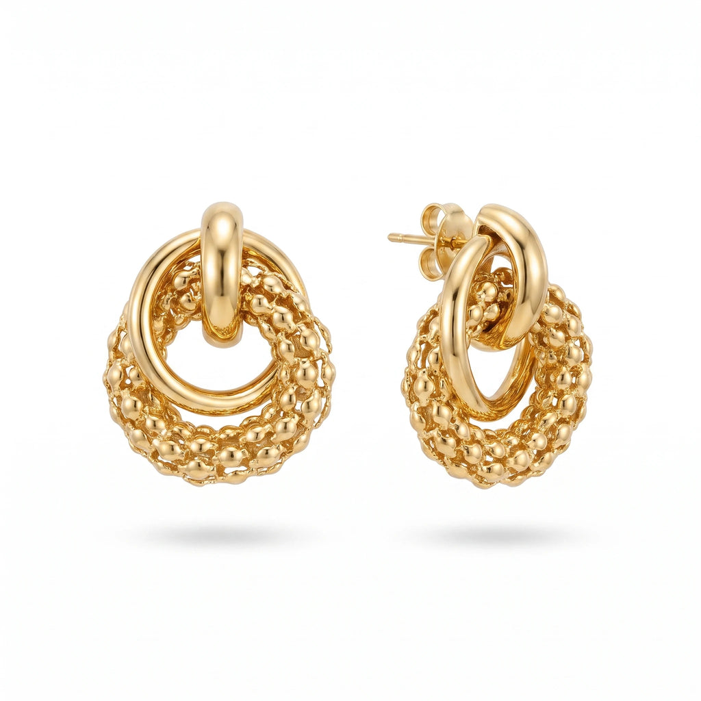 QIAOREN 14538 Beaded Ring Interlocking Stud Earrings, Textured & Polished Gold Metal Earrings, Hypoallergenic Jewelry Gift