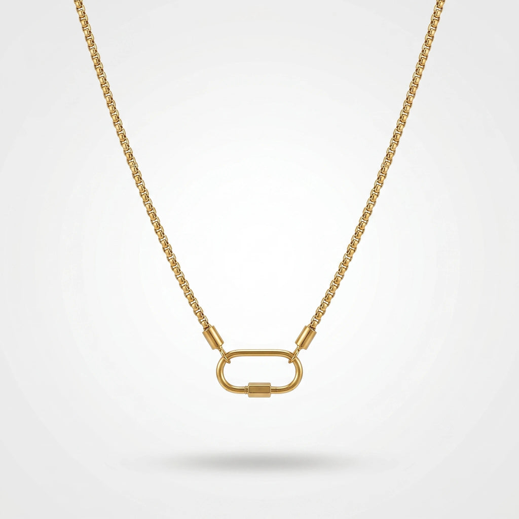 QIAOREN 12143 PVD 18K Gold Stainless Steel Box Chain Necklace Screw Carabiner Pendant Minimalist Dainty Women Jewelry US EU