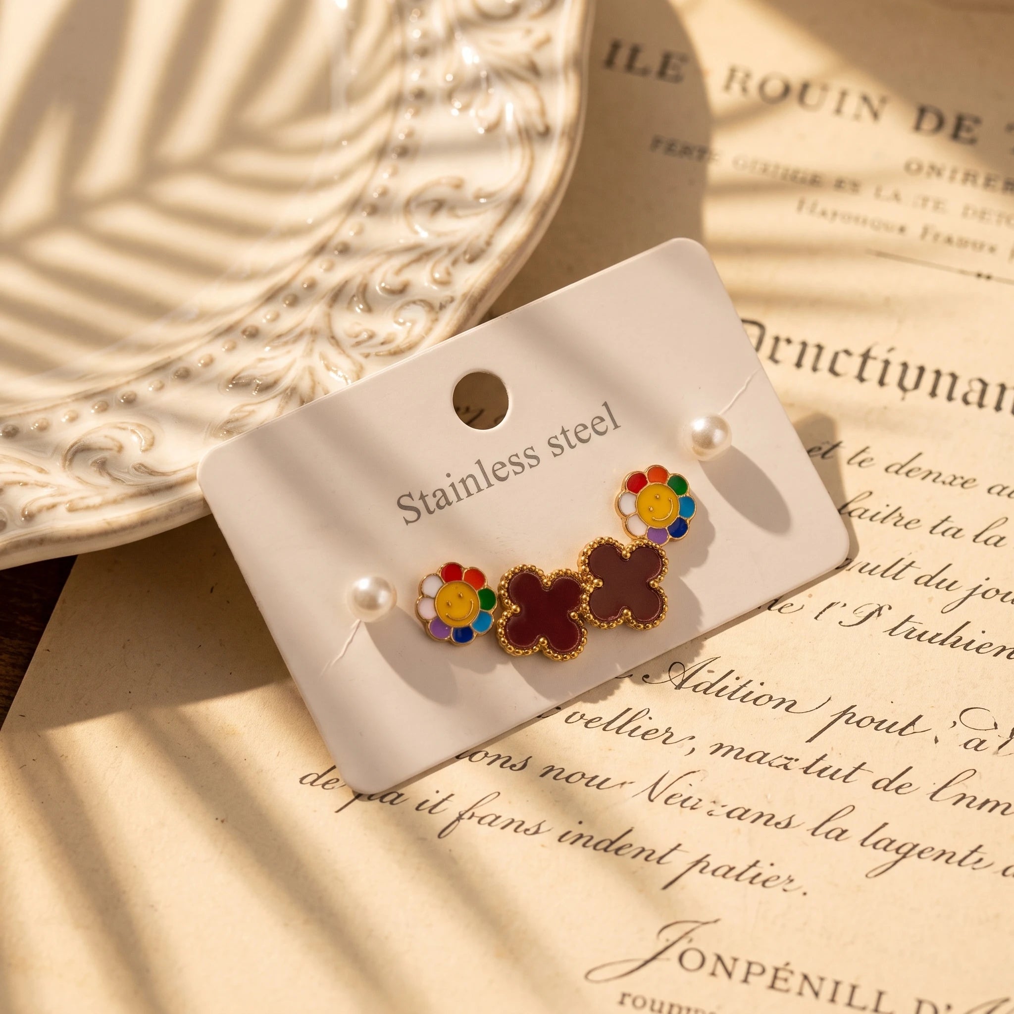 QIAOREN 14507 Stainless Steel Rainbow Smiley Flower Burgundy Clover Pearl Tiny Studs Multi Pack Cute Jewelry Gift