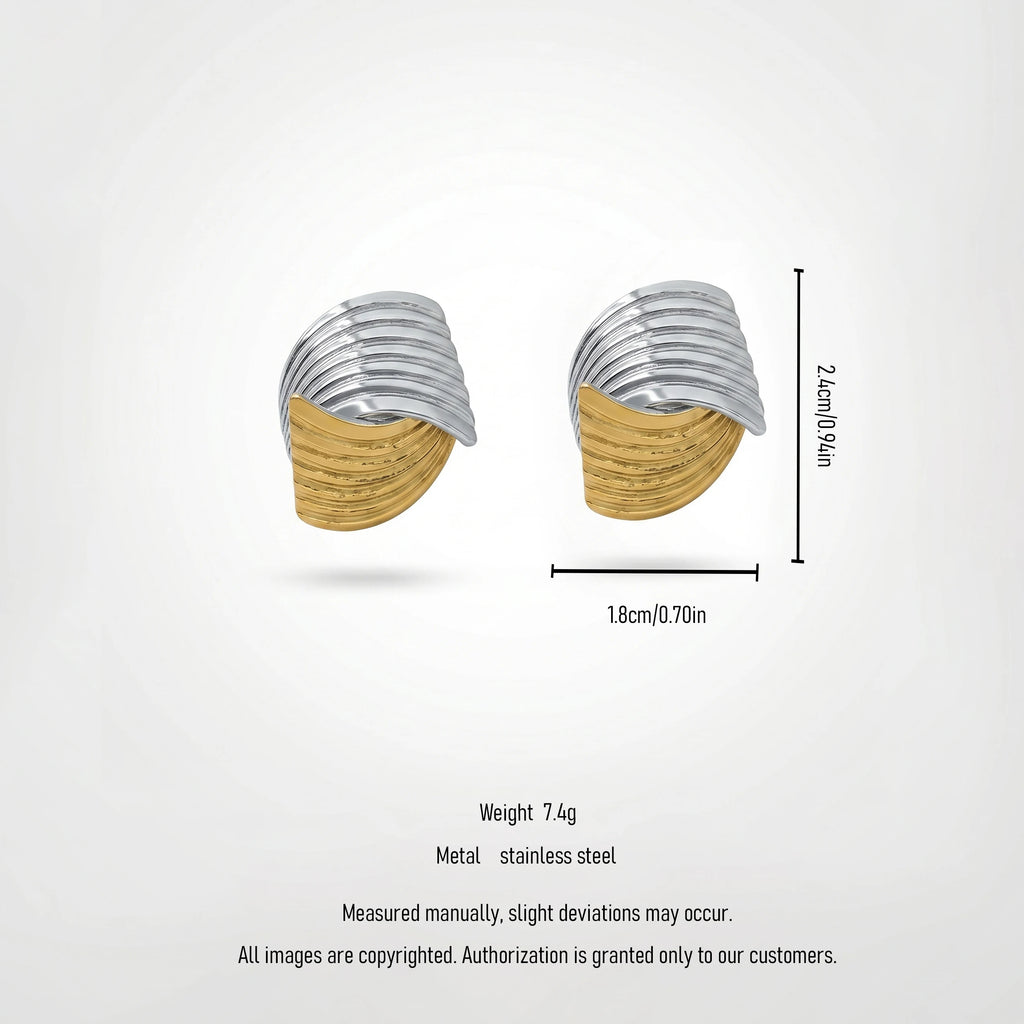 QIAOREN 12761 Stainless Steel Two Tone Layered Twist Stud Earrings Silver Gold Ridged Curved Statement Ear Jewelry for Women