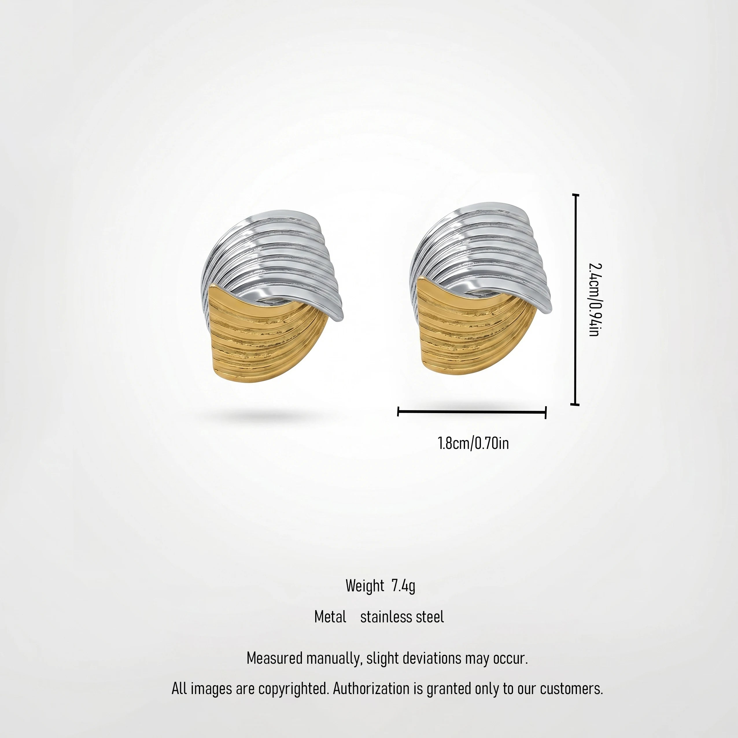 QIAOREN 12761 Stainless Steel Two Tone Layered Twist Stud Earrings Silver Gold Ridged Curved Statement Ear Jewelry for Women