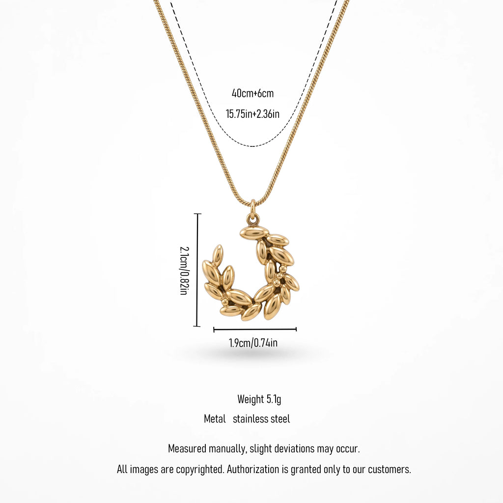 QIAOREN 13954 Stainless Steel Laurel Wreath Pendant Necklace Gold Olive Branch Minimalist Waterproof Jewelry for Women