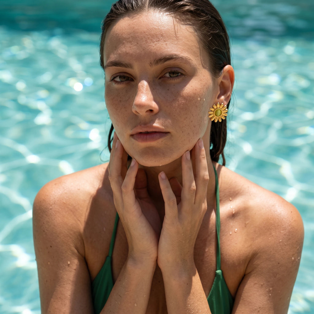 QIAOREN 13265 Gold Tone Daisy Flower Stud Earrings Inlaid Round Yellow Cat Eye Stone Sunflower Shape Pin Studs Warm Retro Gentle