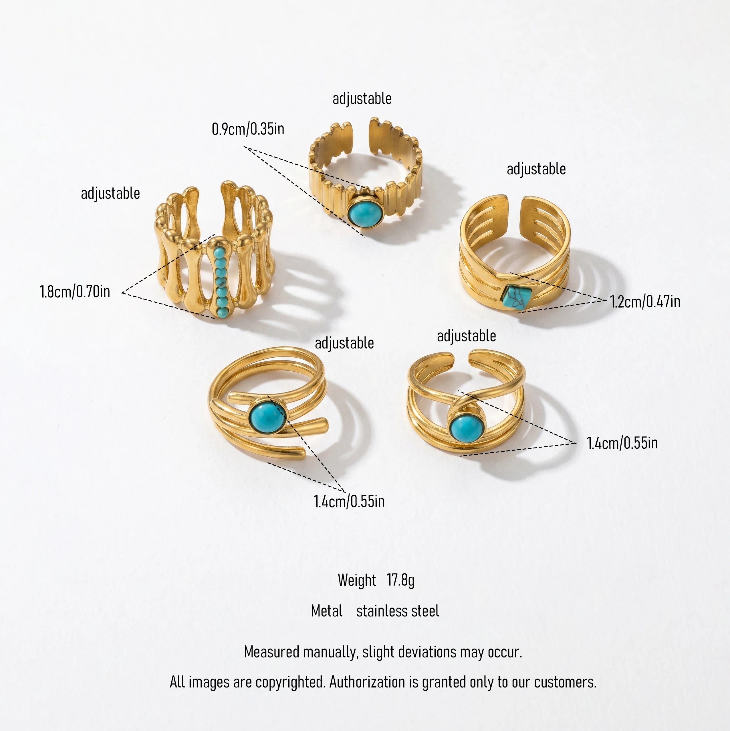 QIAOREN 13151-55 5Pcs Gold Stainless Steel Turquoise Open Ring Set Geometric Stackable Adjustable Boho Waterproof Jewelry