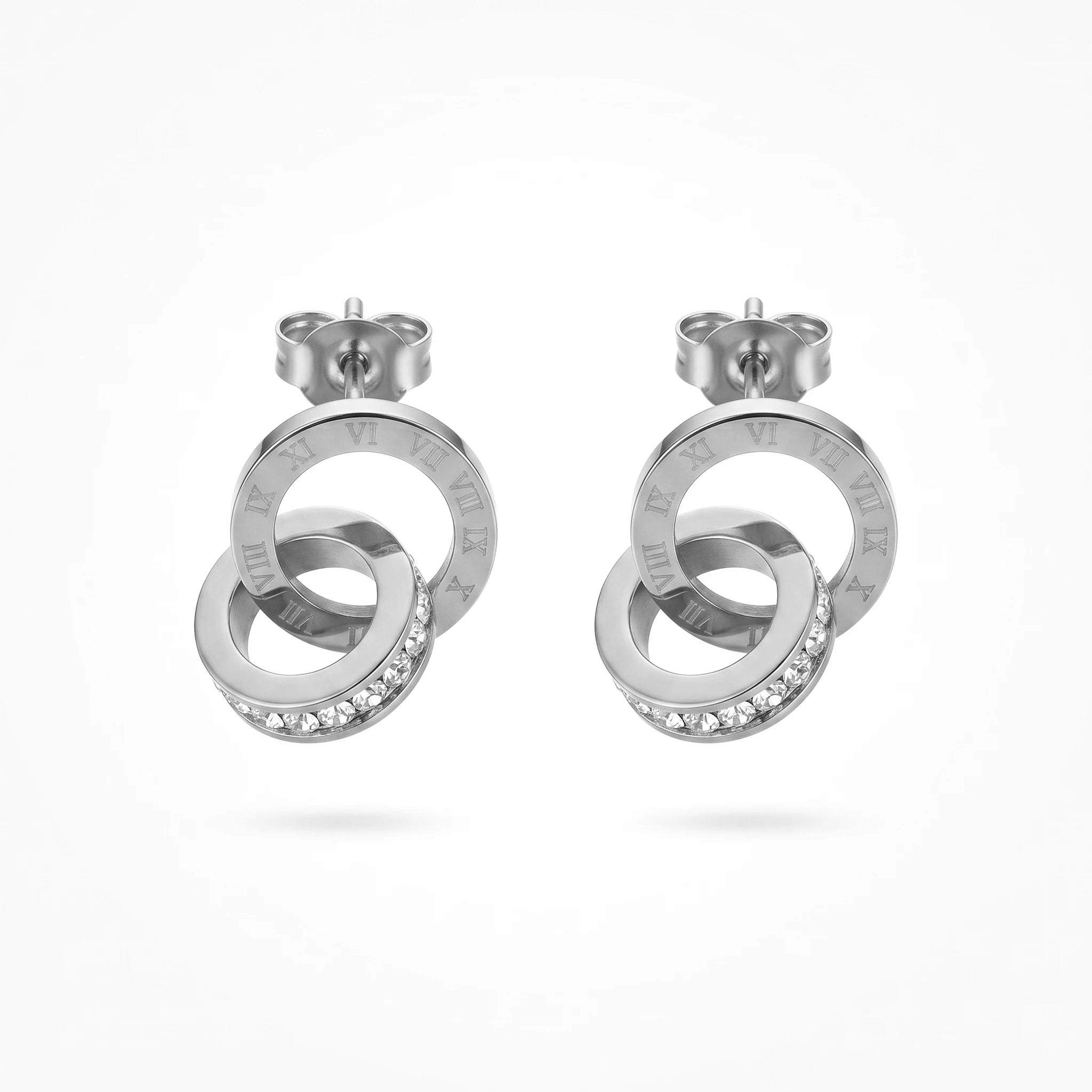 QIAOREN 13413 Stainless Steel CZ Hoop Earrings Roman Numeral Dangle Stud Earrings Minimalist Jewelry for Women