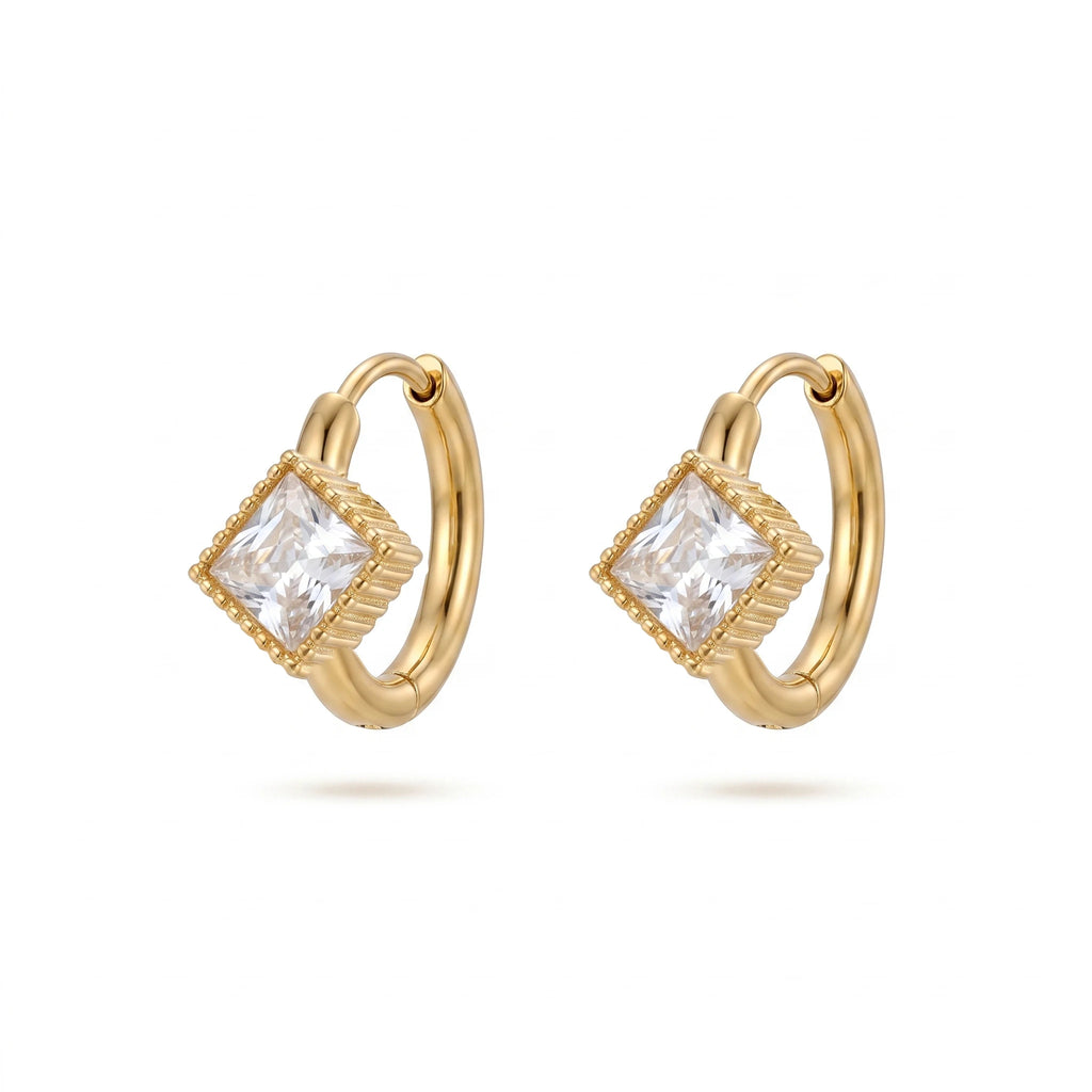 QIAOREN 12121-24 18K Gold Plated Stainless Steel Huggie Hoop Earrings Princess Cut Square CZ Inlaid Textured Bezel Ear Buckle