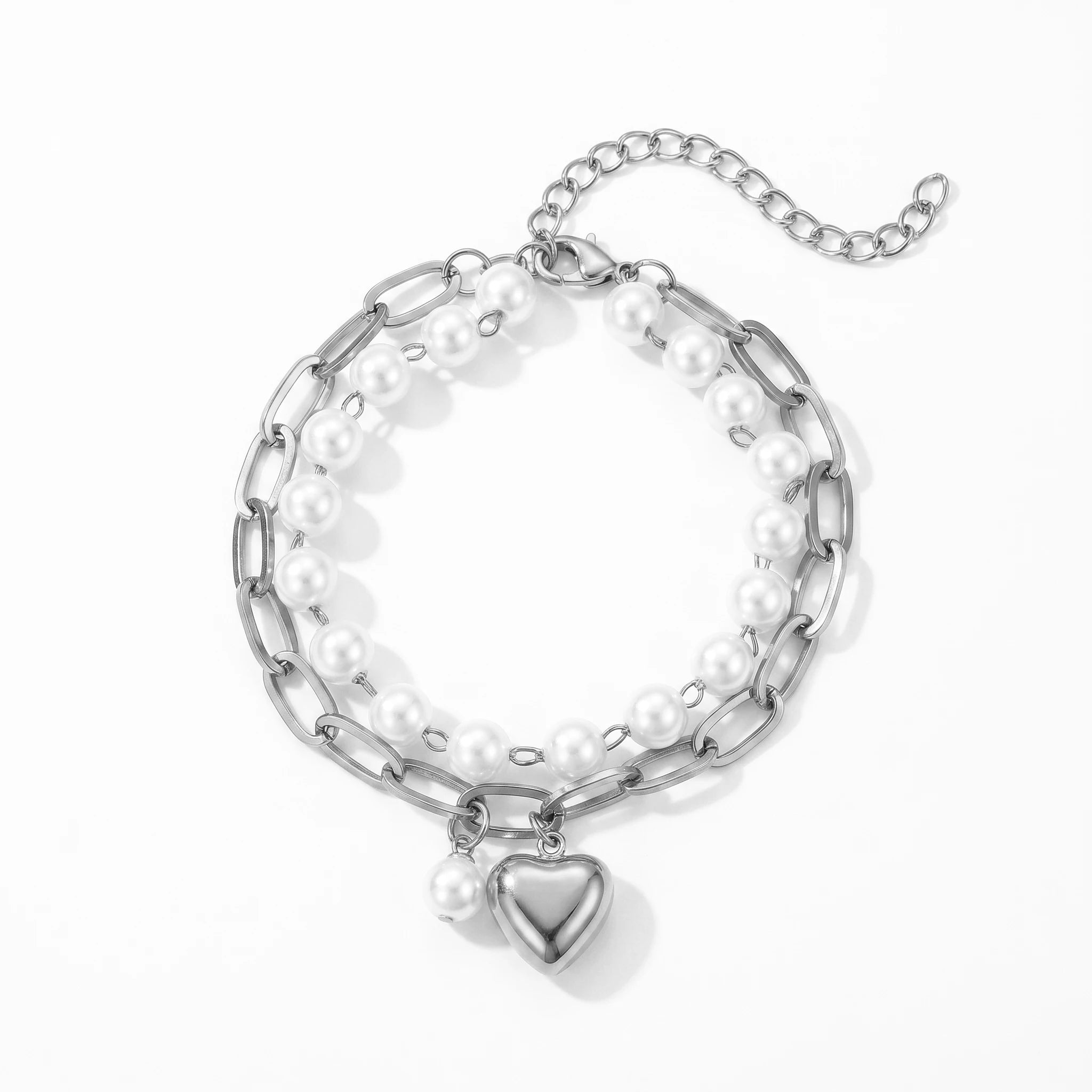 QIAOREN 11422 Waterproof 18K Gold Plated Pearl & Heart Bracelet Stainless Steel Summer Pool Beach Jewelry