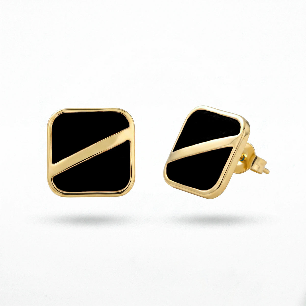 QIAOREN 13642-46 Geometric Square Marble Resin Stud Earring Set, Diagonal Gold Line Gloss Inlay Gold Frame