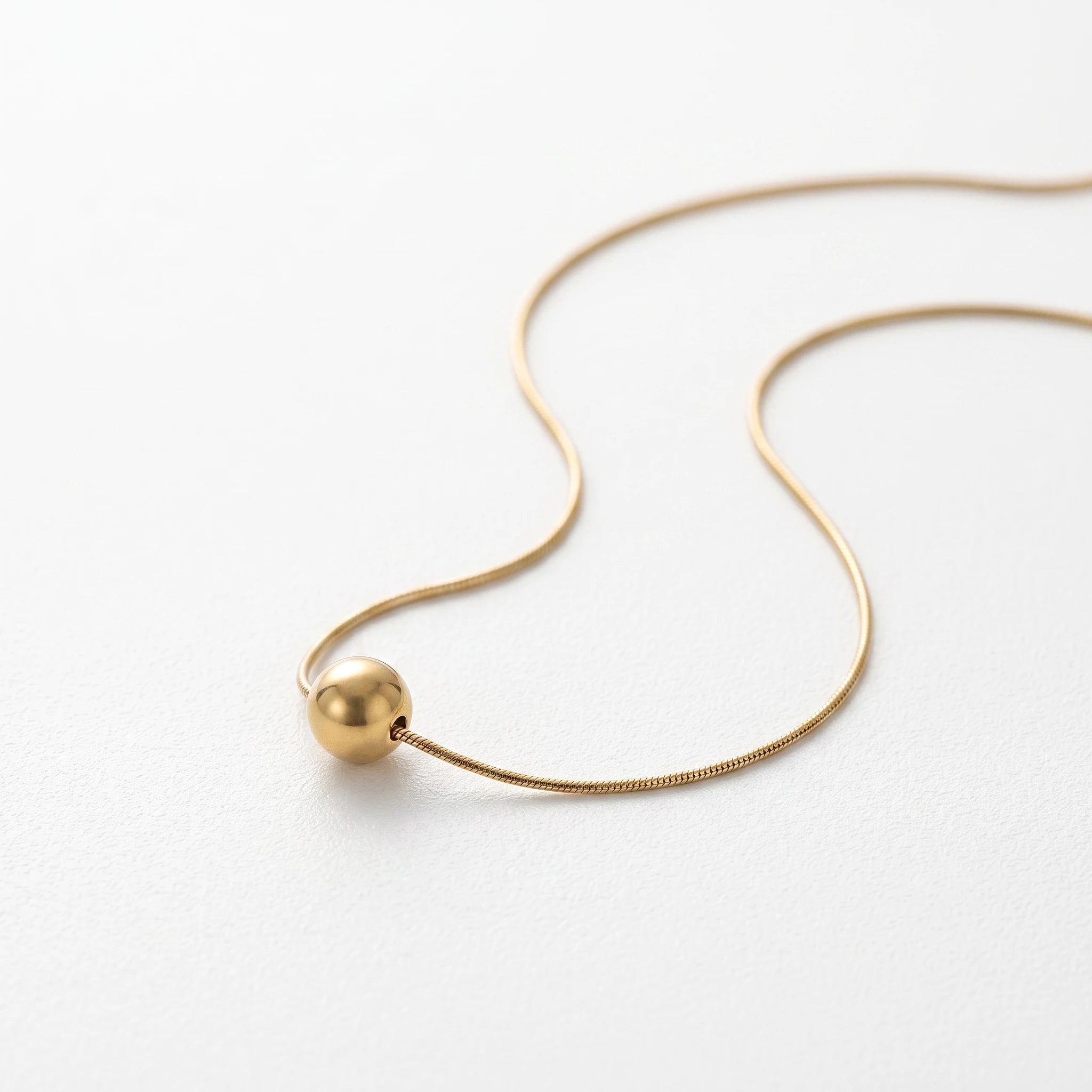 QIAOREN 13502 Minimalist Single Smooth Round Ball Pendant Necklace with Thin Snake Chain, Dainty Gold Slide Bead Necklace
