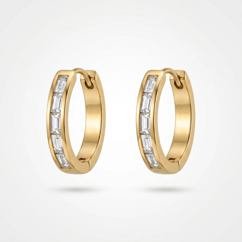 QIAOREN 12337 Baguette CZ Matte Gold Huggie Hoop Earrings Stainless Steel Brushed Satin Channel Set Quiet Luxury Women US EU