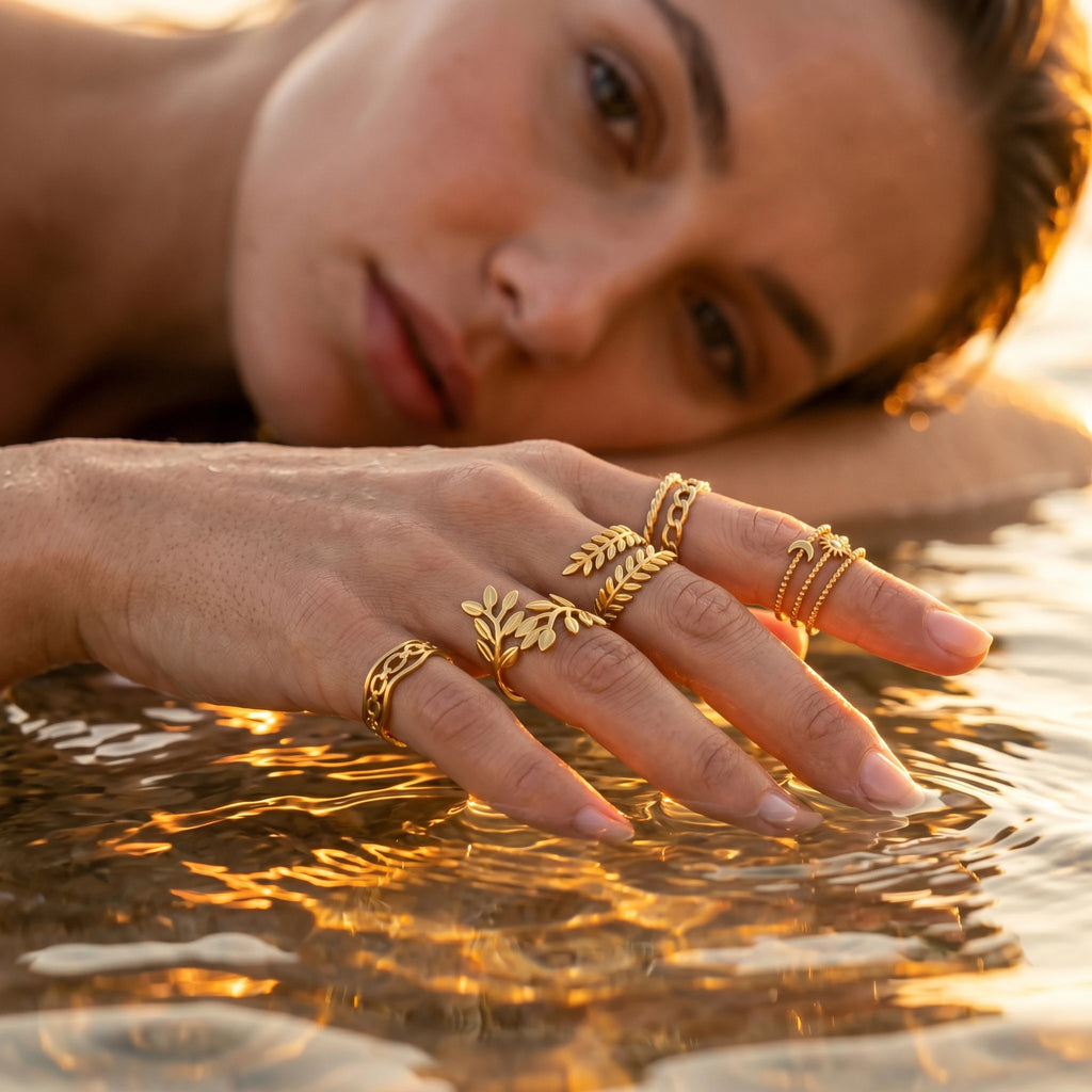 QIAOREN 10709 5Pcs Trendy Gold Plated Stainless Steel Adjustable Stackable Inlay Statement Ring Watch Set for Women