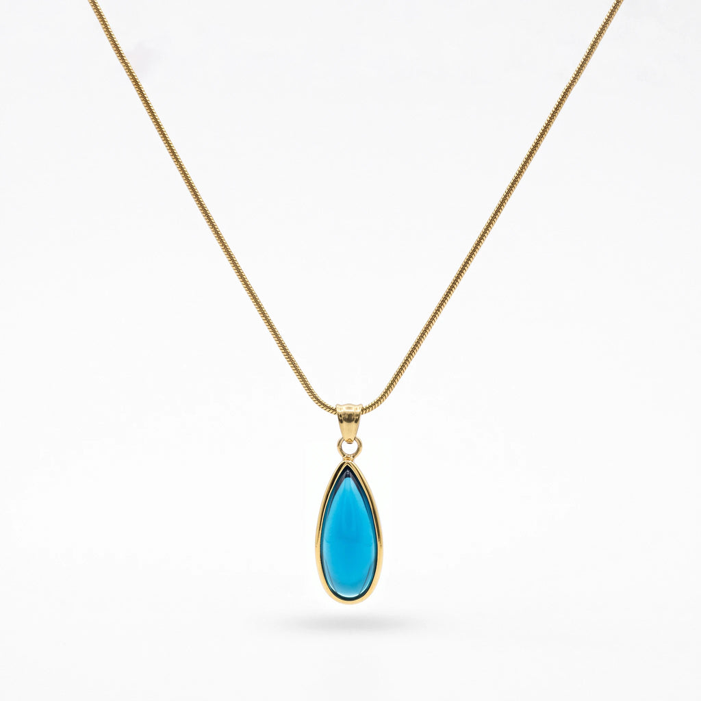 QIAOREN 13844 Stainless Steel Blue Teardrop Pendant Necklace Waterproof Hypoallergenic Minimalist Jewelry for Women