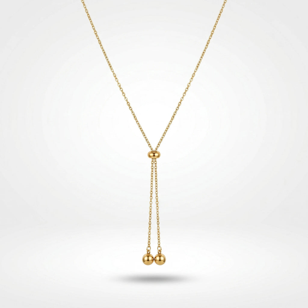 QIAOREN 10627 Trendy Adjustable Lariat Necklace Stainless Steel Gold Plated Geometric Ball Pendant for Women