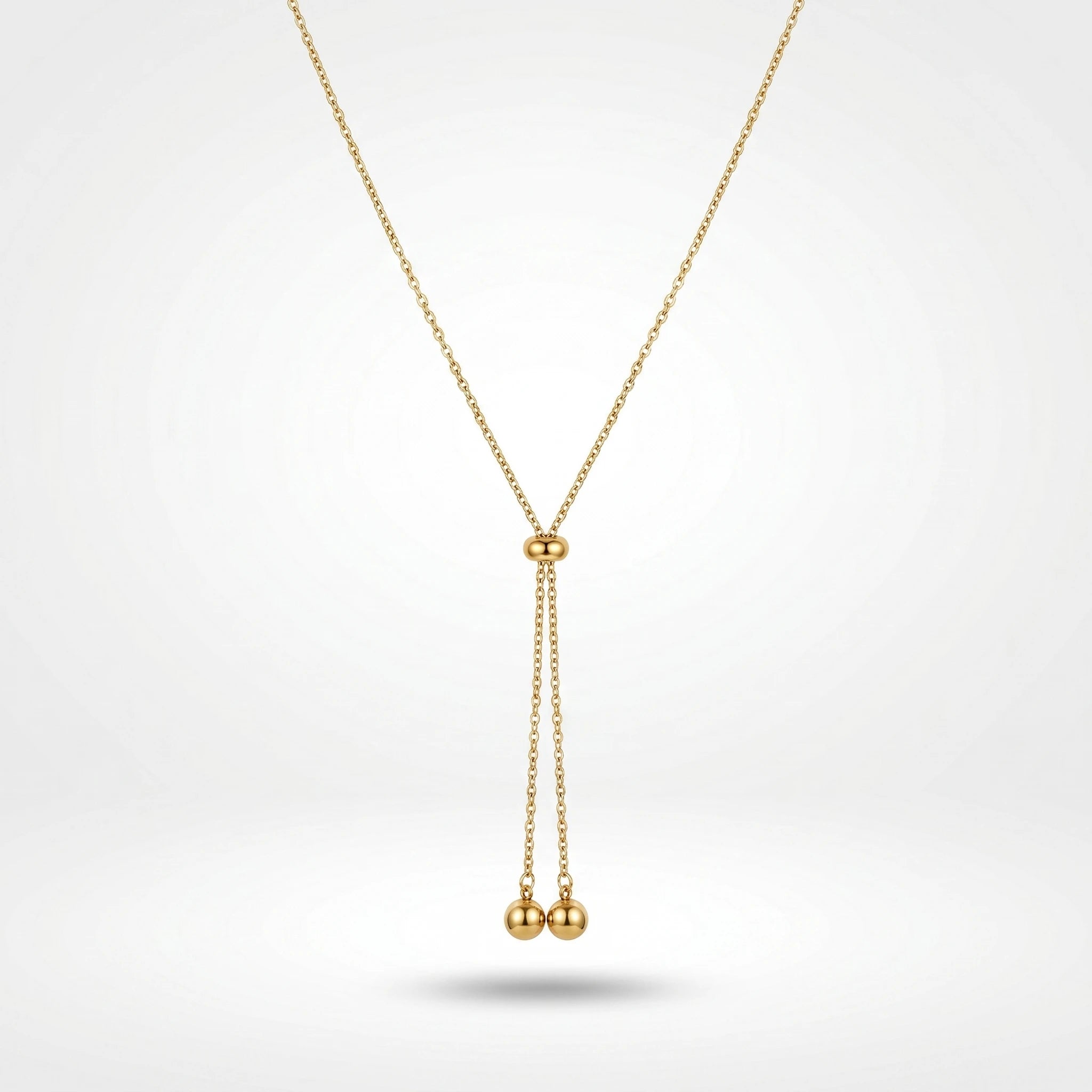 QIAOREN 10627 Trendy Adjustable Lariat Necklace Stainless Steel Gold Plated Geometric Ball Pendant for Women