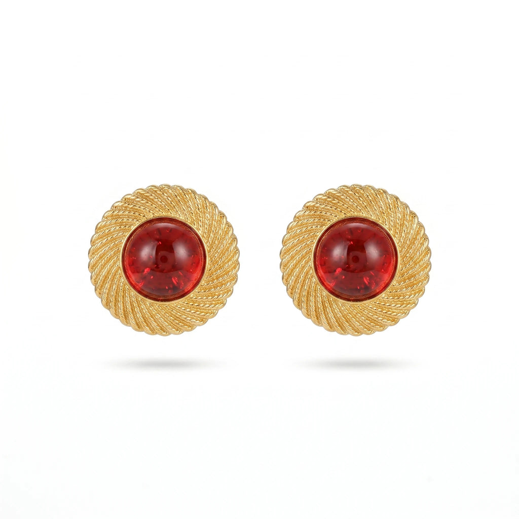 QIAOREN 12259 Vintage Spiral Twisted Stainless Steel Stud Earrings 18K Gold Plated Round Red Cabochon Glass Ear Jewelry