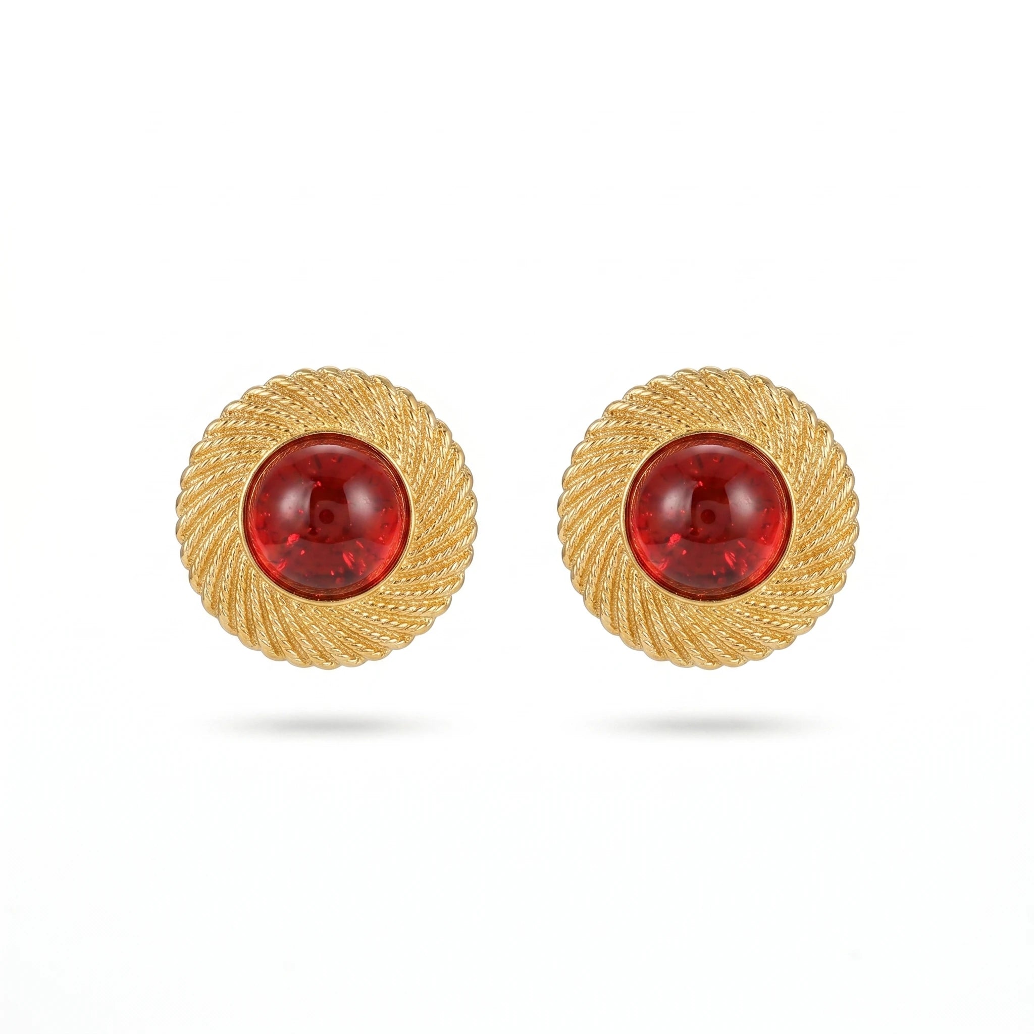 QIAOREN 12259 Vintage Spiral Twisted Stainless Steel Stud Earrings 18K Gold Plated Round Red Cabochon Glass Ear Jewelry