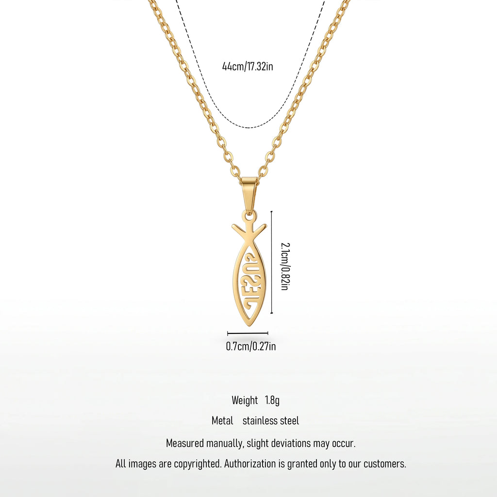 QIAOREN 11681 Boho Beach Fish Necklace 18K Gold Stainless Steel Cutout Letters Vacation Jewelry