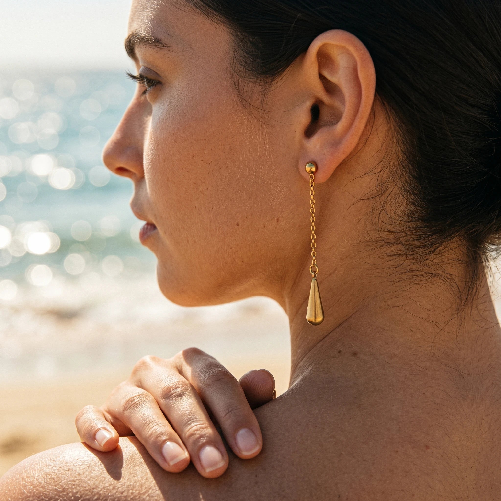 QIAOREN 10633 Minimalist Teardrop Stud Earrings Stainless Steel Gold Plated Long Chain for Ladies