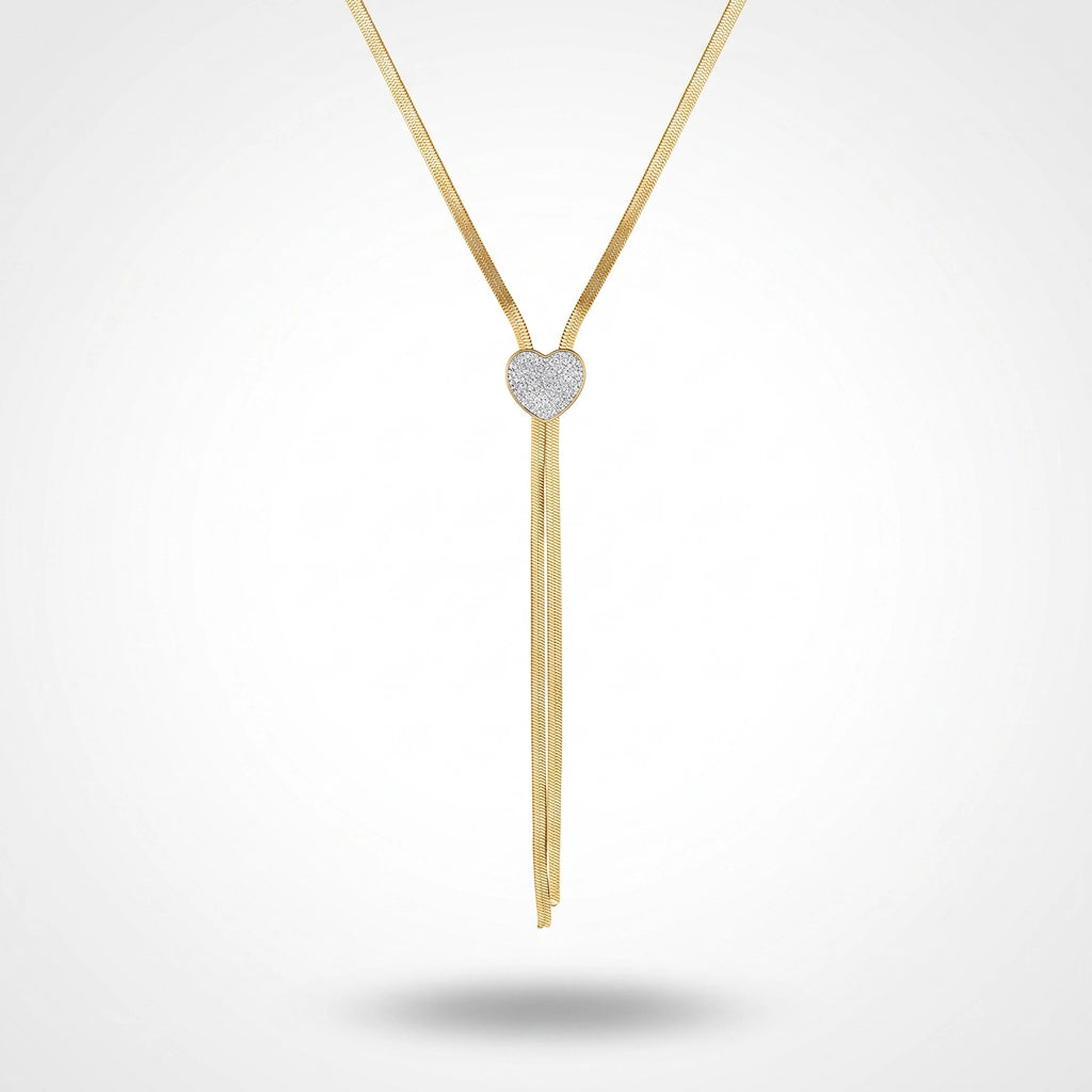 QIAOREN 14421 Paved CZ Heart Shape Herringbone Tassel Necklace, Stainless Steel Lariat Necklace Jewelry Gift