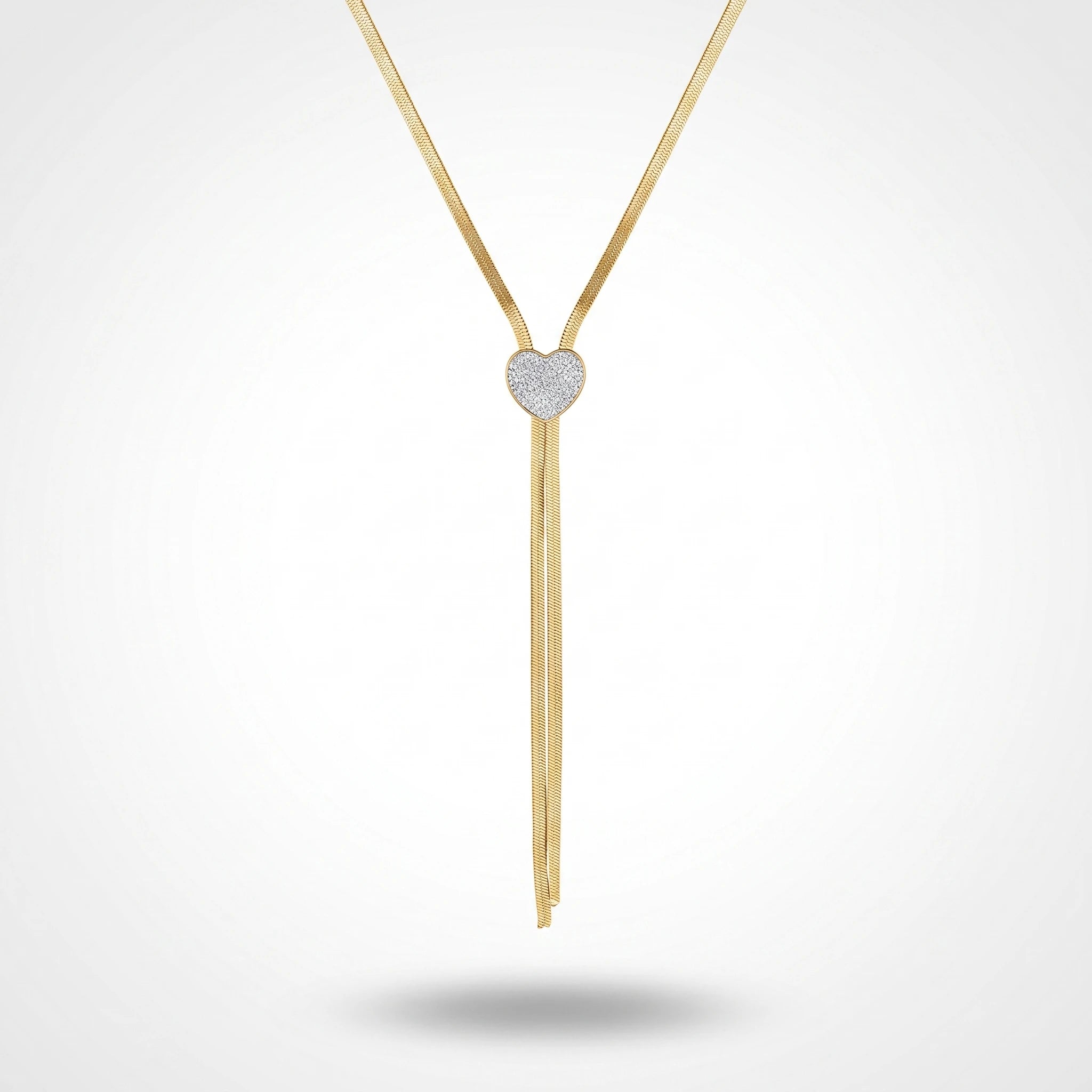 QIAOREN 14421 Paved CZ Heart Shape Herringbone Tassel Necklace, Stainless Steel Lariat Necklace Jewelry Gift