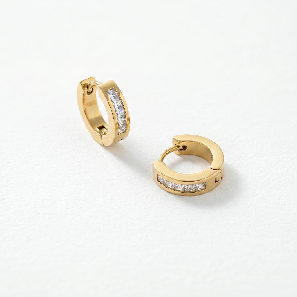 QIAOREN 12338 Princess Cut CZ Hoop Earrings Gold Stainless Steel High Polished Square Crystal Channel Set Huggies Women US EU
