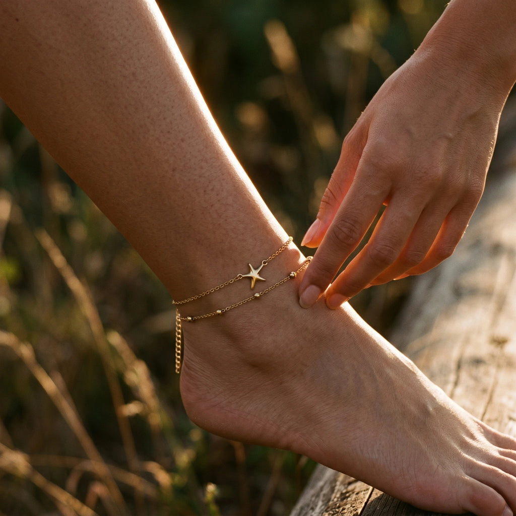 QIAOREN 11671 Tarnish Free 18K Gold Stainless Steel Anklet Set Starfish & Beaded Chain Beach Foot Jewelry