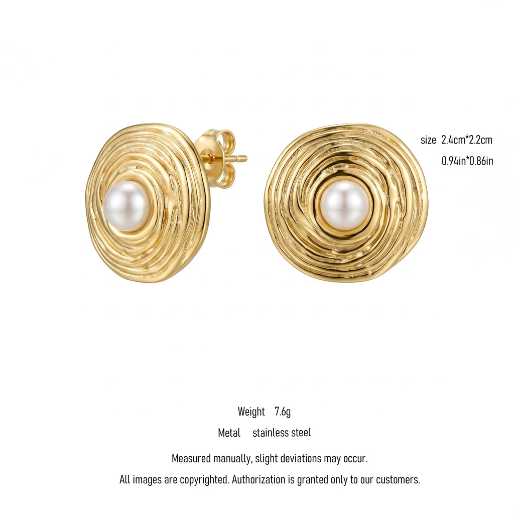 QIAOREN 10935 Retro Spiral Stud Earrings 18K Gold Plated Stainless Steel Geometric Design Party Jewelry