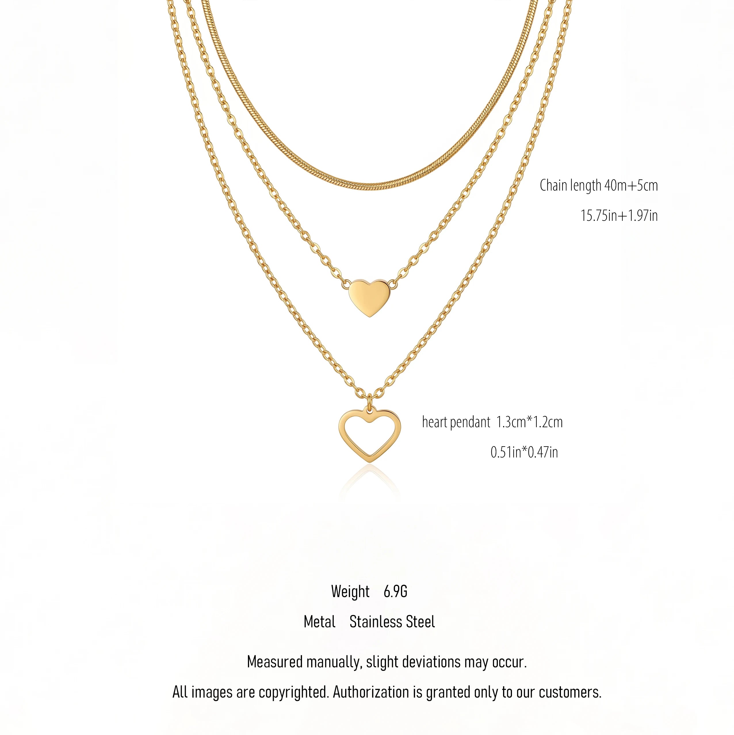 QIAOREN 10623 Trendy Layered Heart Necklace Stainless Steel Gold Plated Link Chain Party Jewelry for Women