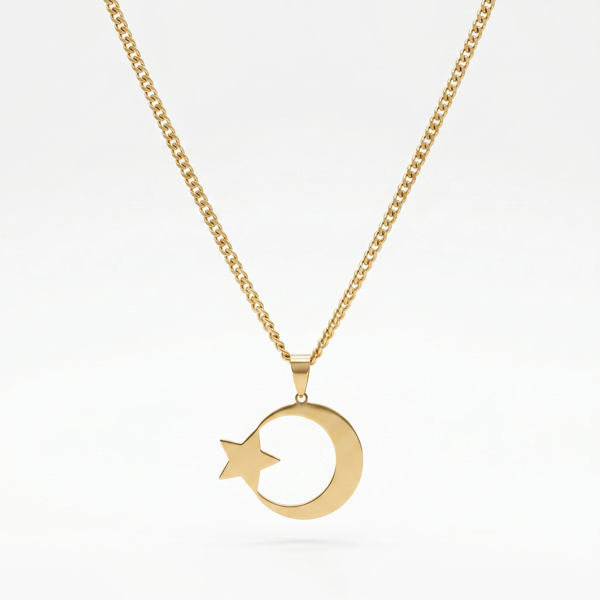 QIAOREN 11955  Stainless Steel Crescent Moon Star Pendant Necklace  Waterproof Cuban Link Chain