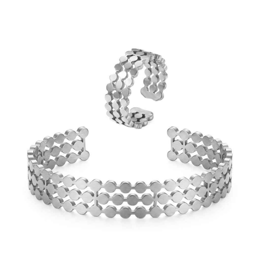 QIAOREN 10917 Mesh Jewelry Set Gold Plated Stainless Steel Polka Dot Cuff Bangle & Ring Trendy Unisex Hypoallergenic Jewelry