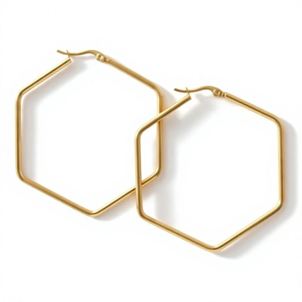 QIAOREN 12325 Trendy Geometric Hexagon Hoop Earrings Gold Stainless Steel Sleek Six Sided Polygon Large Hoops Women US EU