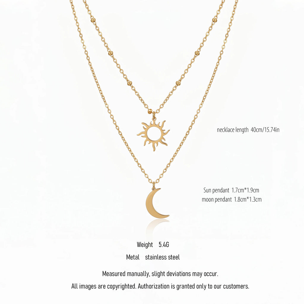 QIAOREN 10649 Boho Style Sun Crescent Moon Layered Link Chain Necklace 18K Gold Plated Stainless Steel Nickel-Free Jewelry
