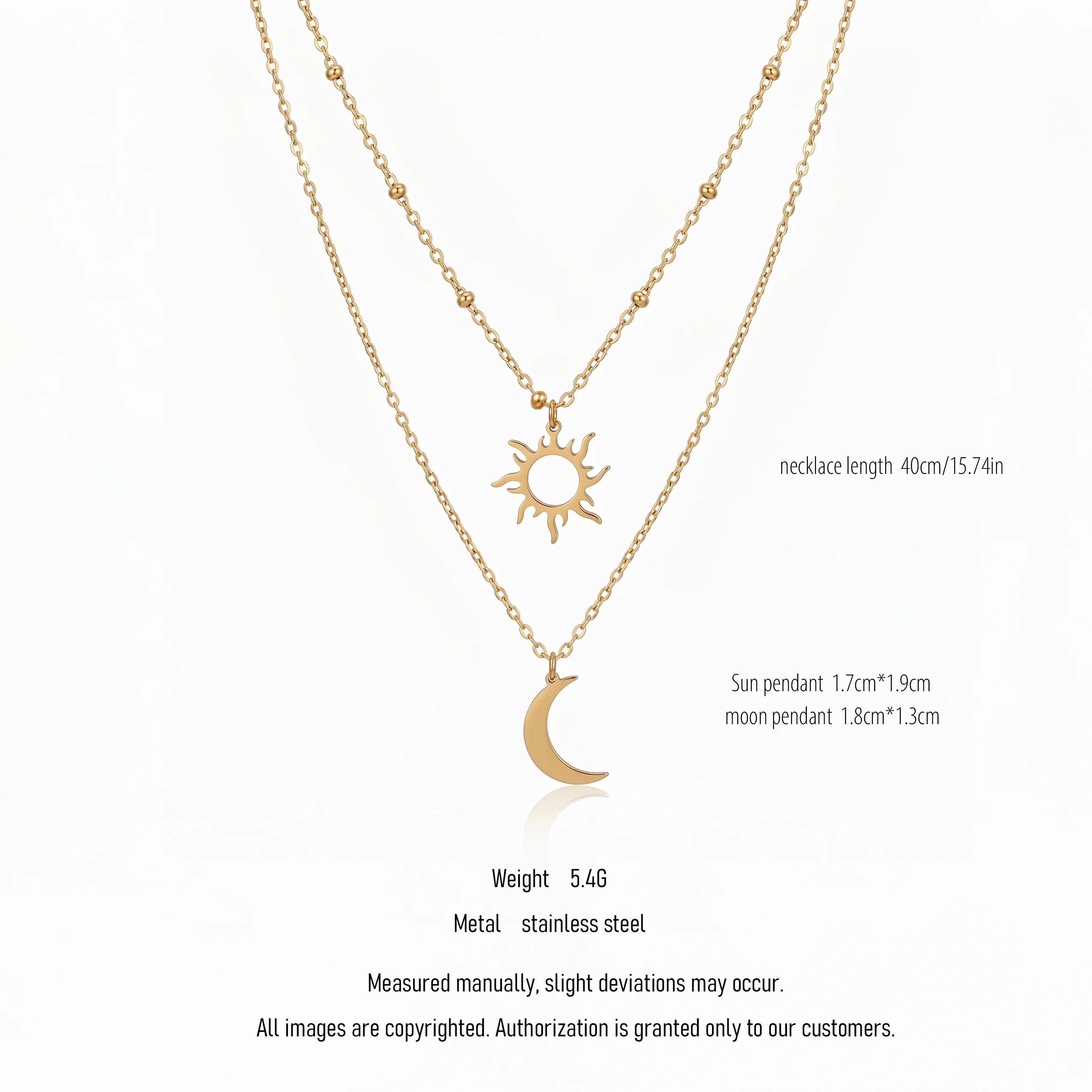QIAOREN 10649 Boho Style Sun Crescent Moon Layered Link Chain Necklace 18K Gold Plated Stainless Steel Nickel-Free Jewelry