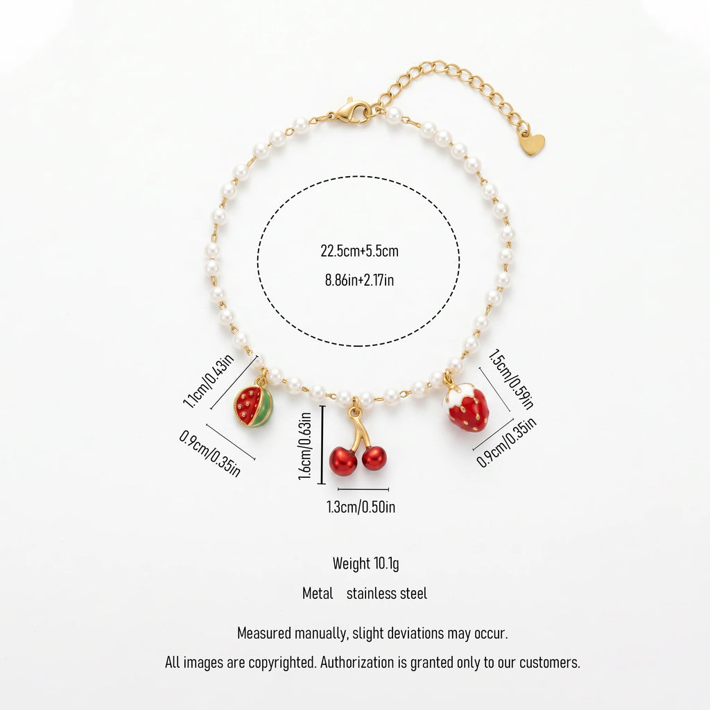 QIAOREN 13323 Fruit Themed Pearl Anklet with Watermelon, Cherry & Strawberry Charms, Cute Summer Foot Jewelry Gift