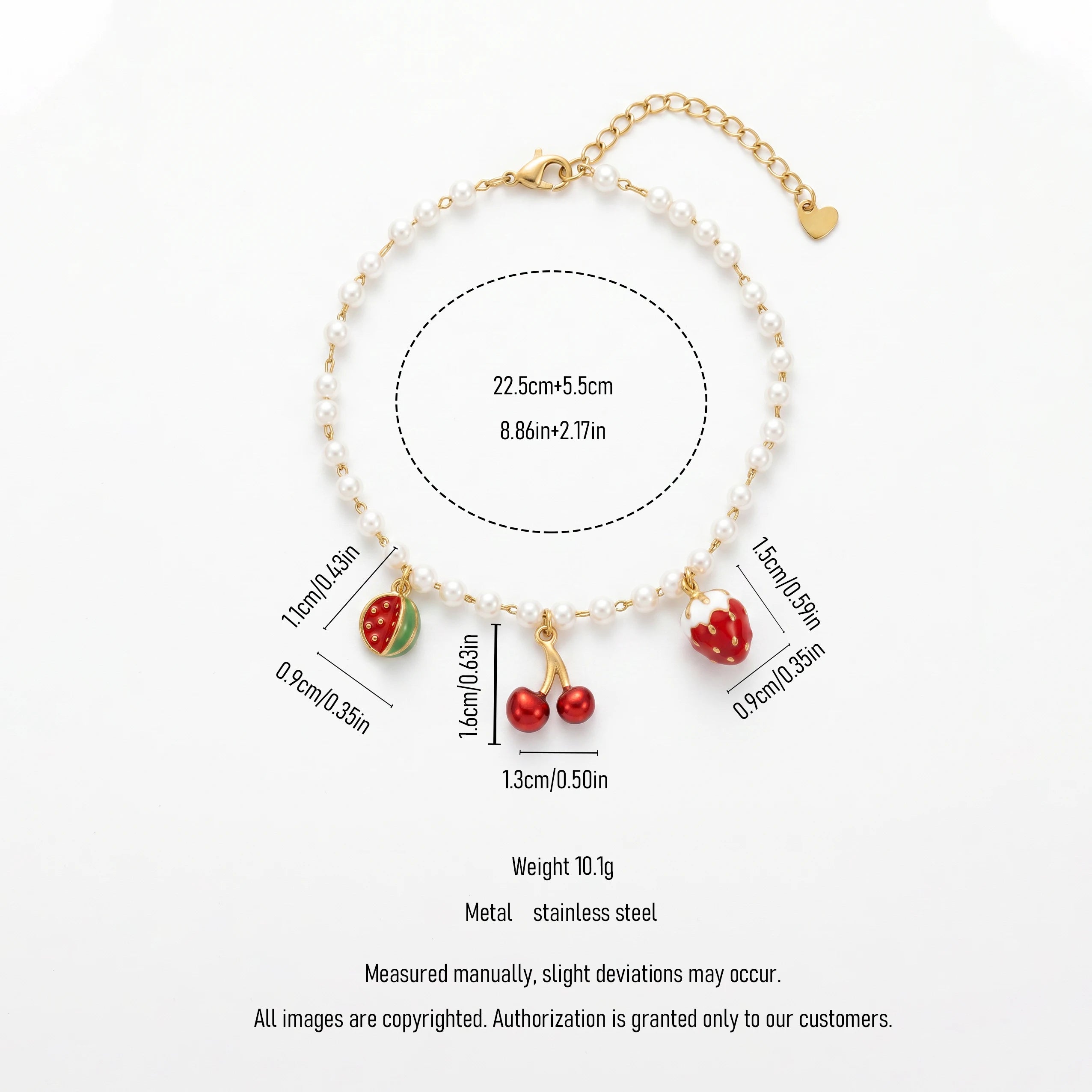 QIAOREN 13323 Fruit Themed Pearl Anklet with Watermelon, Cherry & Strawberry Charms, Cute Summer Foot Jewelry Gift