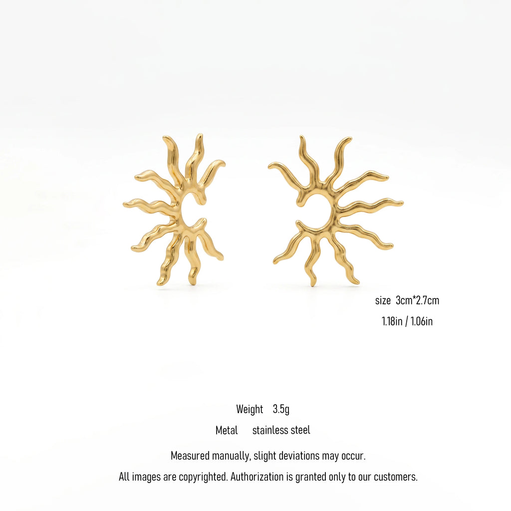 QIAOREN 10739 Stainless Steel Bohemian Sun Earrings, Gold/Silver Tone Sunburst Statement Studs for Women