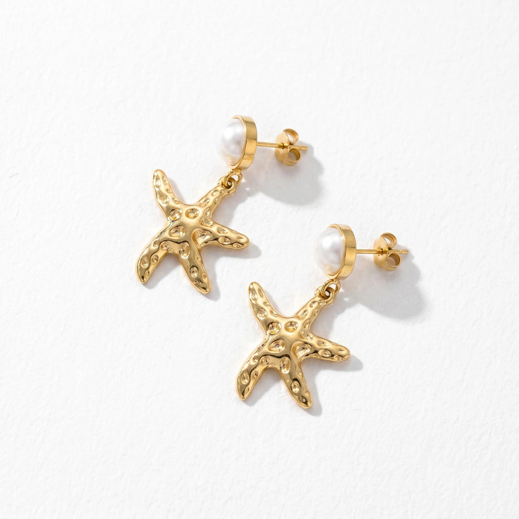 QIAOREN 13216 Gold Plated Pearl Starfish Drop Earrings for Women Stainless Steel Beach Coastal Fashion Jewelry