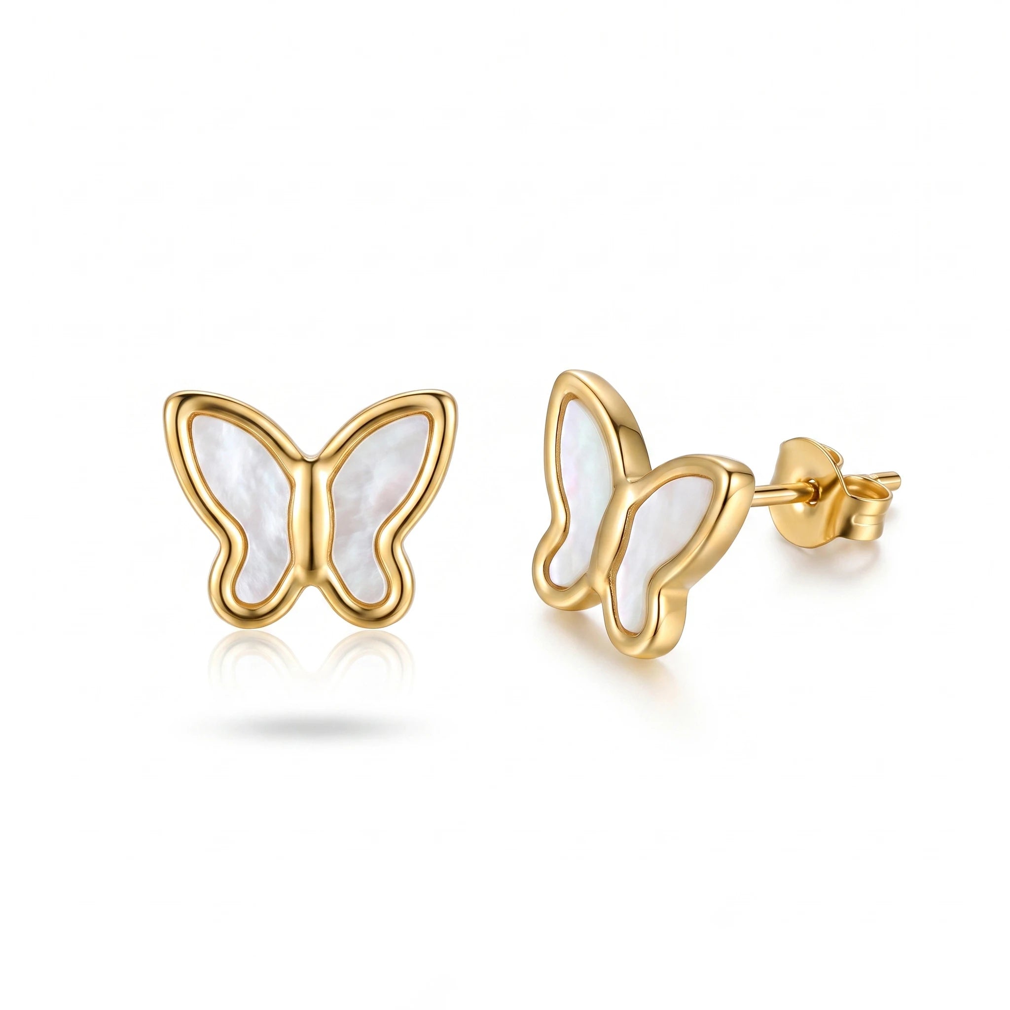 QIAOREN 13446 Gold Tone Natural White MOP Butterfly Stud Earrings Minimal Smooth Frame Shell Inlay Ear Jewelry Gift